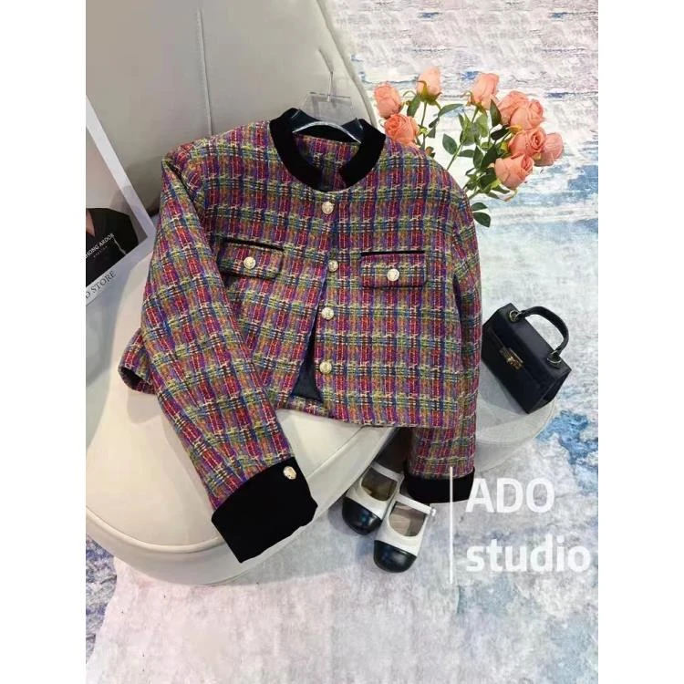 3362【复古庄园】新款百搭通勤小香风拼接编织短外套马术服长袖上衣