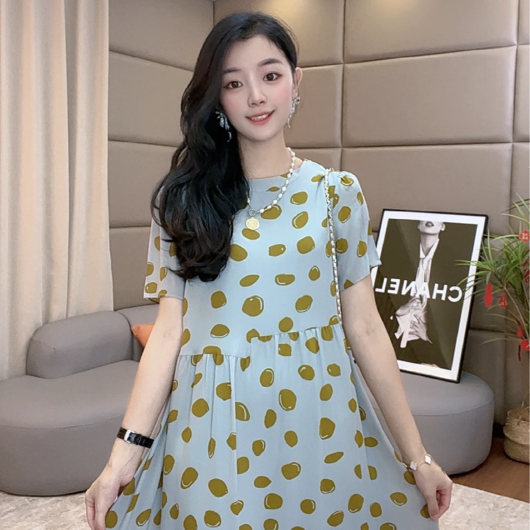 夏季 绿色  大波点印花真丝连衣裙73715