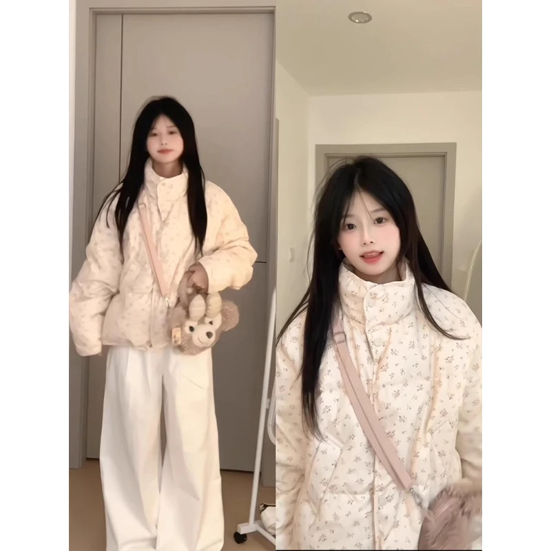 温柔韩系甜美碎花短款棉服女秋冬季宽松保暖百搭加厚棉袄棉衣外套
