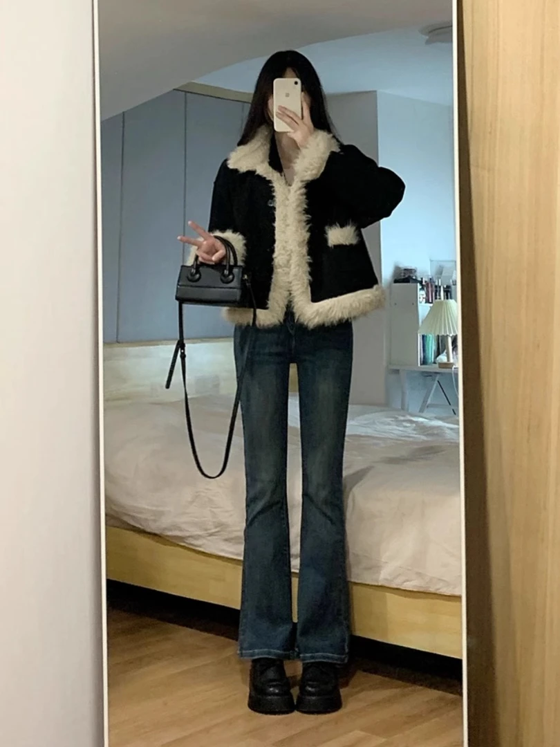 大码女装秋冬季灯芯绒面料加厚的拼接小香风外套毛茸茸百搭保暖