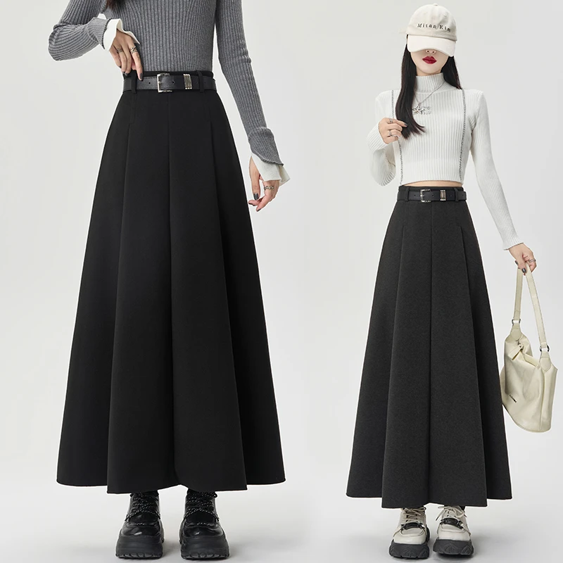 赫本风黑色毛呢半身裙秋冬高腰中长款a字裙遮胯显瘦百褶大摆伞裙