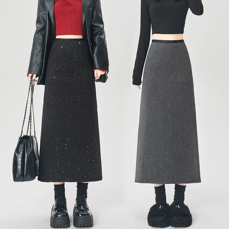 黑色亮片毛呢半身裙女秋冬新款高腰显瘦a字裙中长款开叉包臀裙子