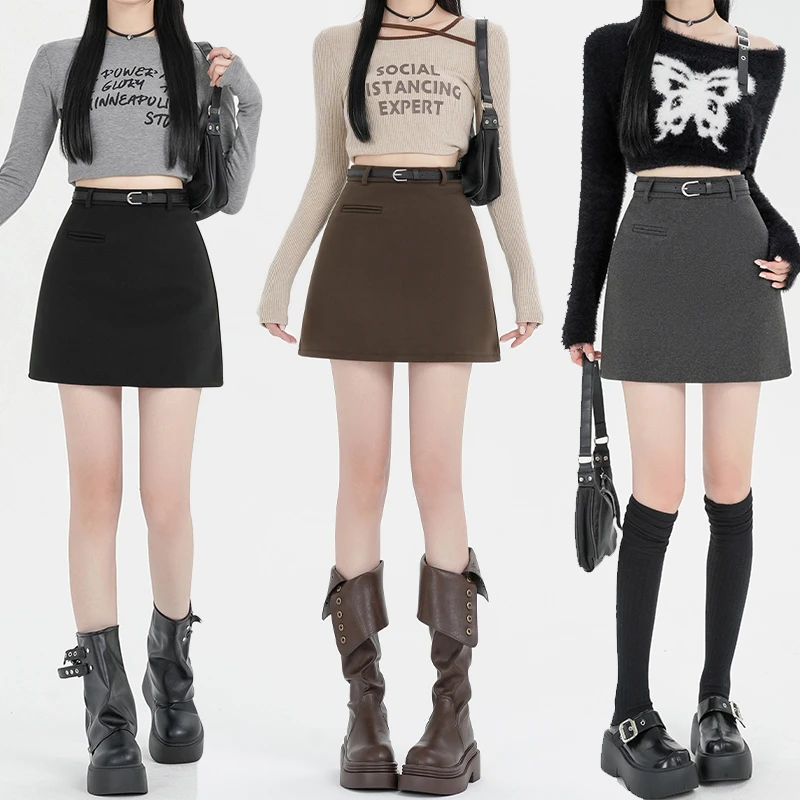 简约百搭黑色毛呢半身裙女秋冬新款高腰显瘦a字裙小个子包臀短裙