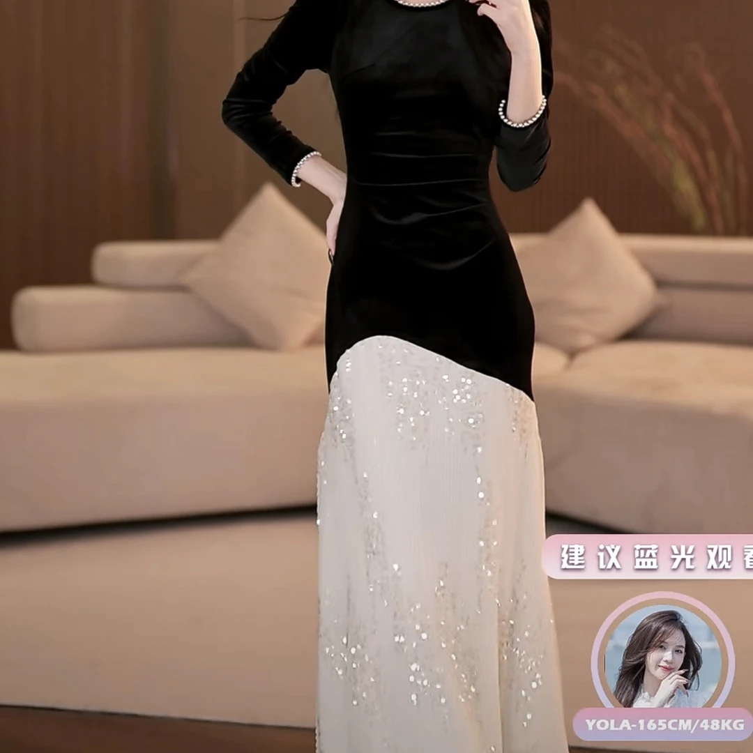 【yola】留白秋季新款法式气质收腰显瘦鱼尾连衣裙-YL11047