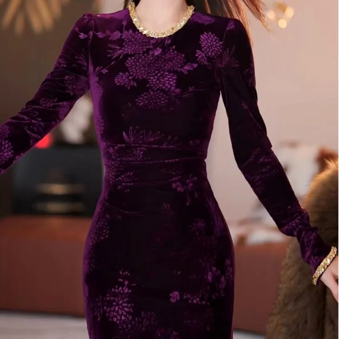 【静铉】柔光雾紫秋季新款法式气质收腰显瘦鱼尾连衣裙-YL11102