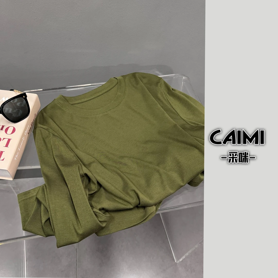 微胖钟姐【】早春新款纯色百搭显瘦长袖t恤休闲舒适打底衫9733