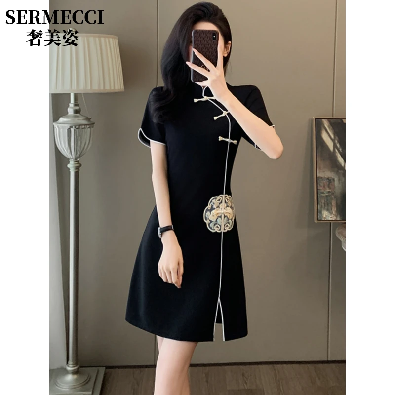 中式黑色2025新款新气质国潮风改良旗袍连衣裙女显瘦感盘扣小个子