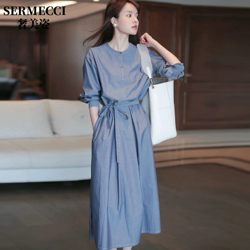 欧洲站秋装2025年新款女气质秋季感蓝色法式连衣裙收腰小众