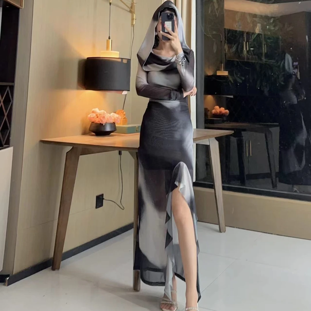 轻奢气质女人味一字领长袖水墨兰亭显瘦包身修身百搭开叉连衣裙