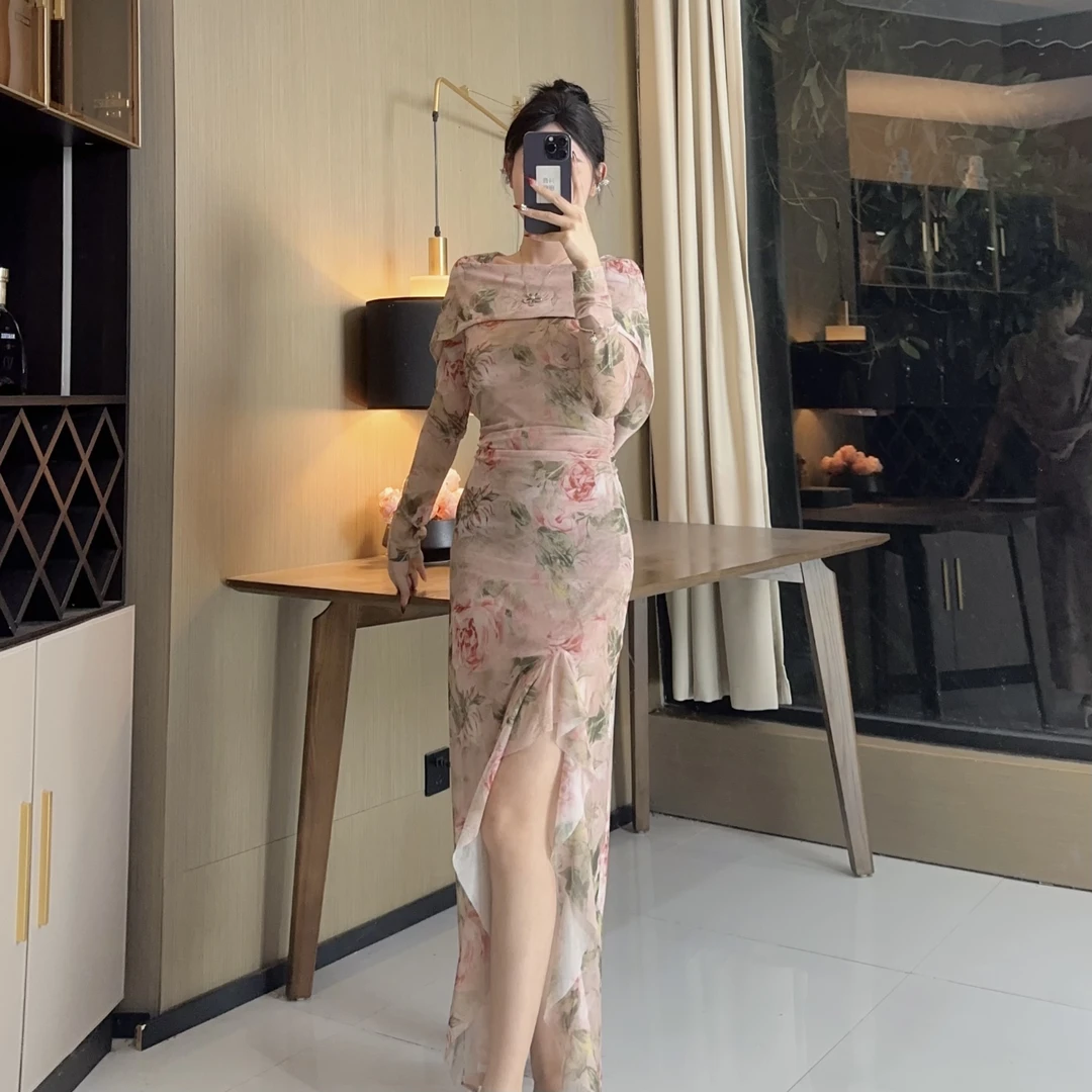 轻奢气质女人味V领长袖雾里看花显瘦包身修身百搭长裙开叉连衣裙