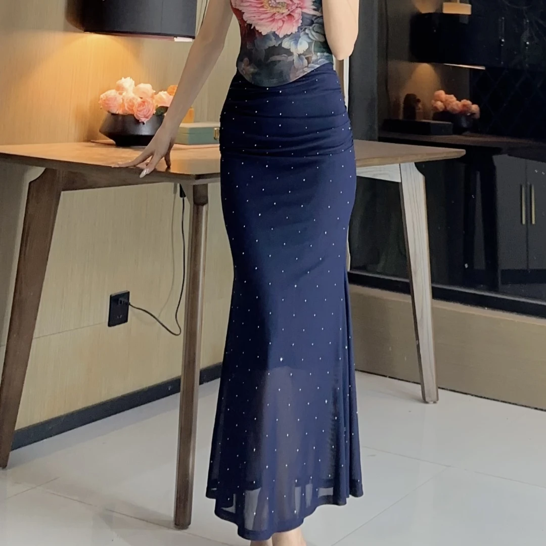轻奢气质女人味烫钻藏青色包身修身显瘦时尚百搭鱼尾包臀半身裙