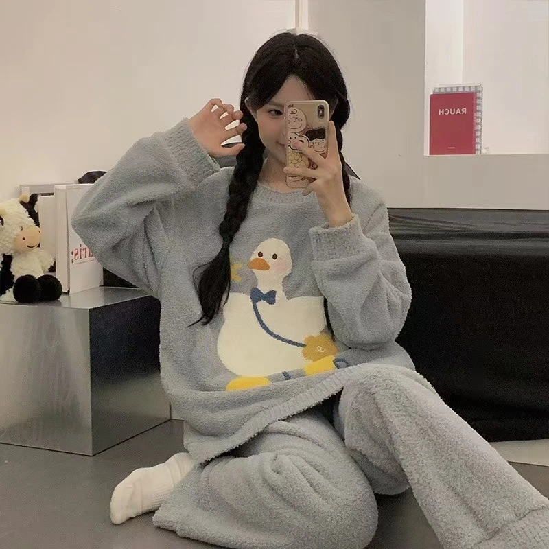 甜美可爱可外穿半边绒睡衣两件套秋冬天新款女士法兰绒保暖家居服