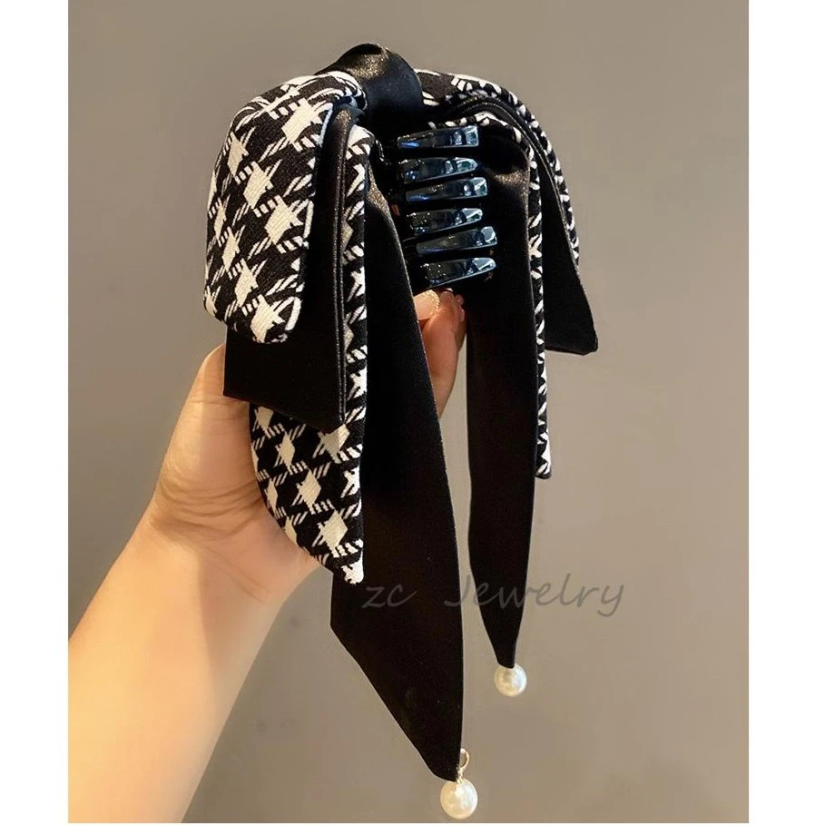 新中式时尚高马尾抓夹高级感千鸟格蝴蝶结飘带发夹小众后脑勺气质