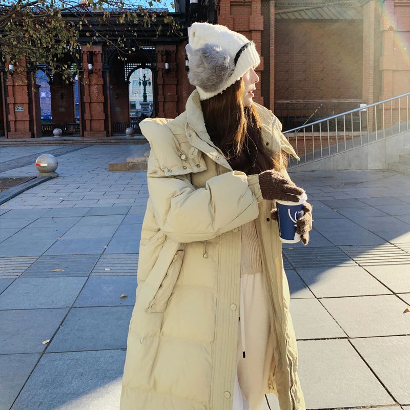 韩版时尚连帽中长款羽绒服女2025冬季新款显瘦加厚保暖白鸭绒外套