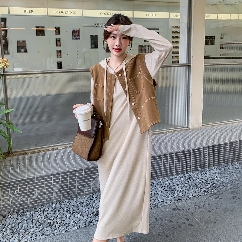 休闲学院风套装裙女2025秋新款复古设计感马甲通勤百搭连帽卫衣裙