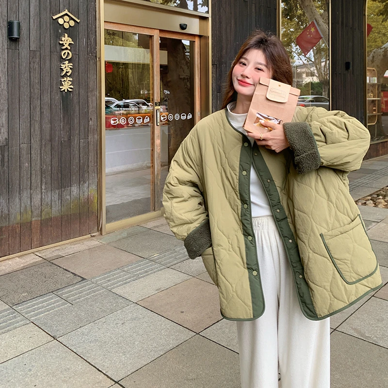 绿色菱格双面羊羔毛外套女冬2025新款韩系小个子时尚加厚轻薄上衣