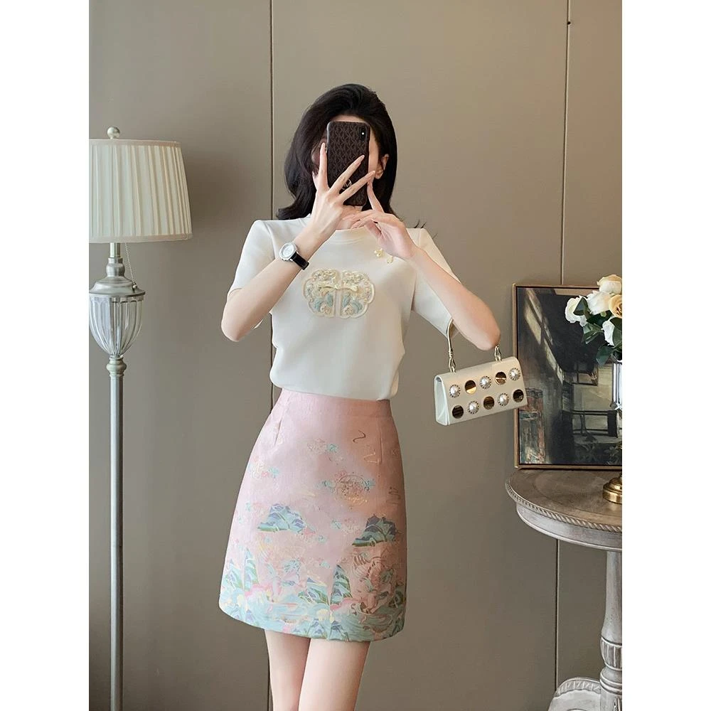 法式高级感时尚小香风套装女夏一整套洋气显瘦刺绣半身裙两件套