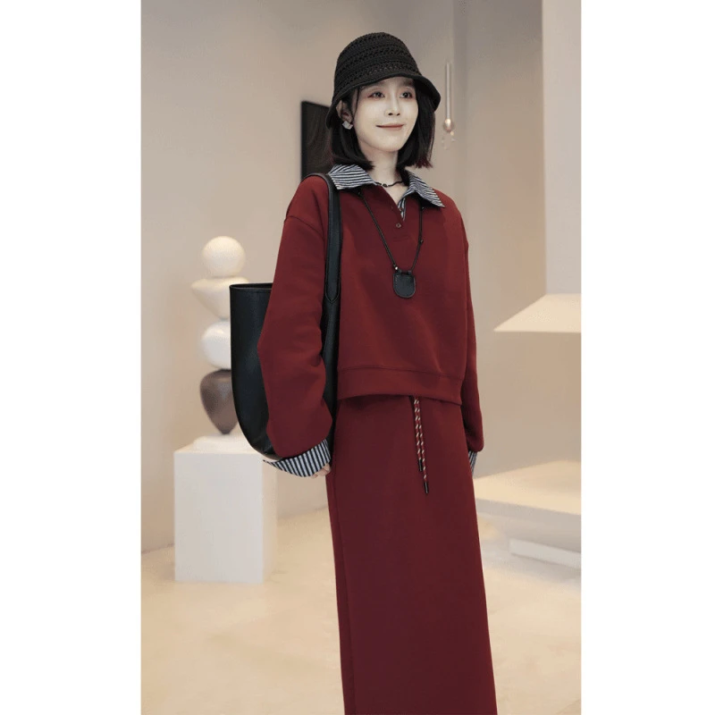 8606现货设计款拼接条纹翻领袖口搭半身裙两件套2024新款