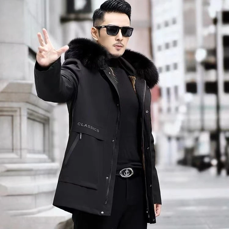 【欲美】冬季男士中长款休闲时尚连帽派克服外套，加厚内胆可拆卸