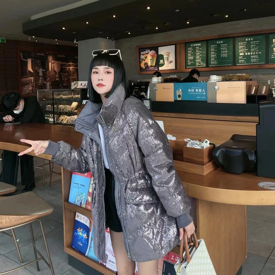 2023刺绣中长款羽绒棉服女冬季宽松重工亮片外套网红爆款立领外套