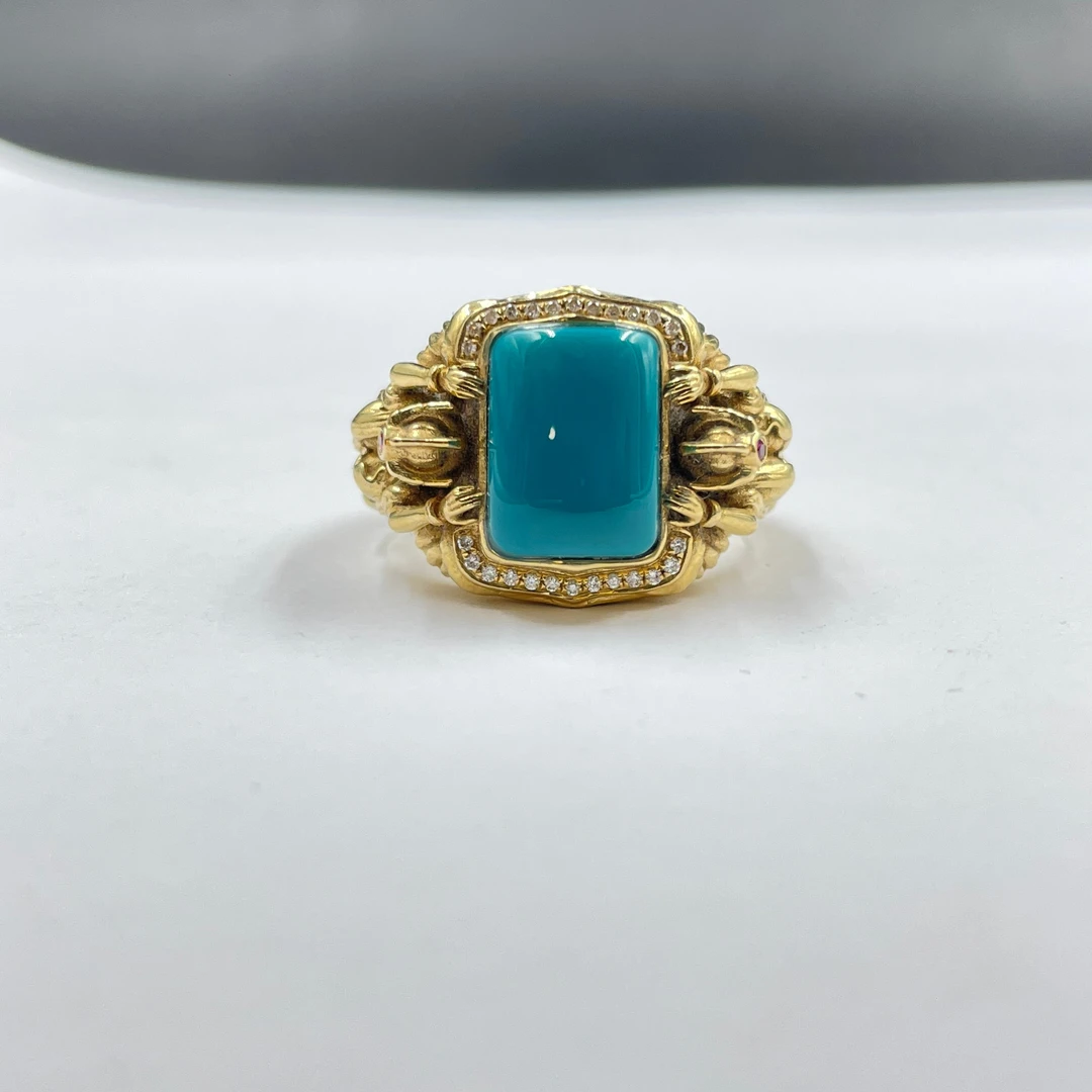 雅典娜戒指男士戒指18凯男士时尚单戒绿松石镶嵌复古镂空轻奢古风