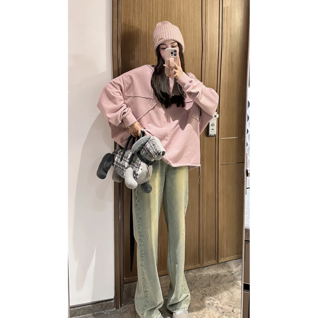 QXQT「意念线条」荞荞秋设计感粉抓绒拼接毛边蝙蝠袖套头卫衣QT1138