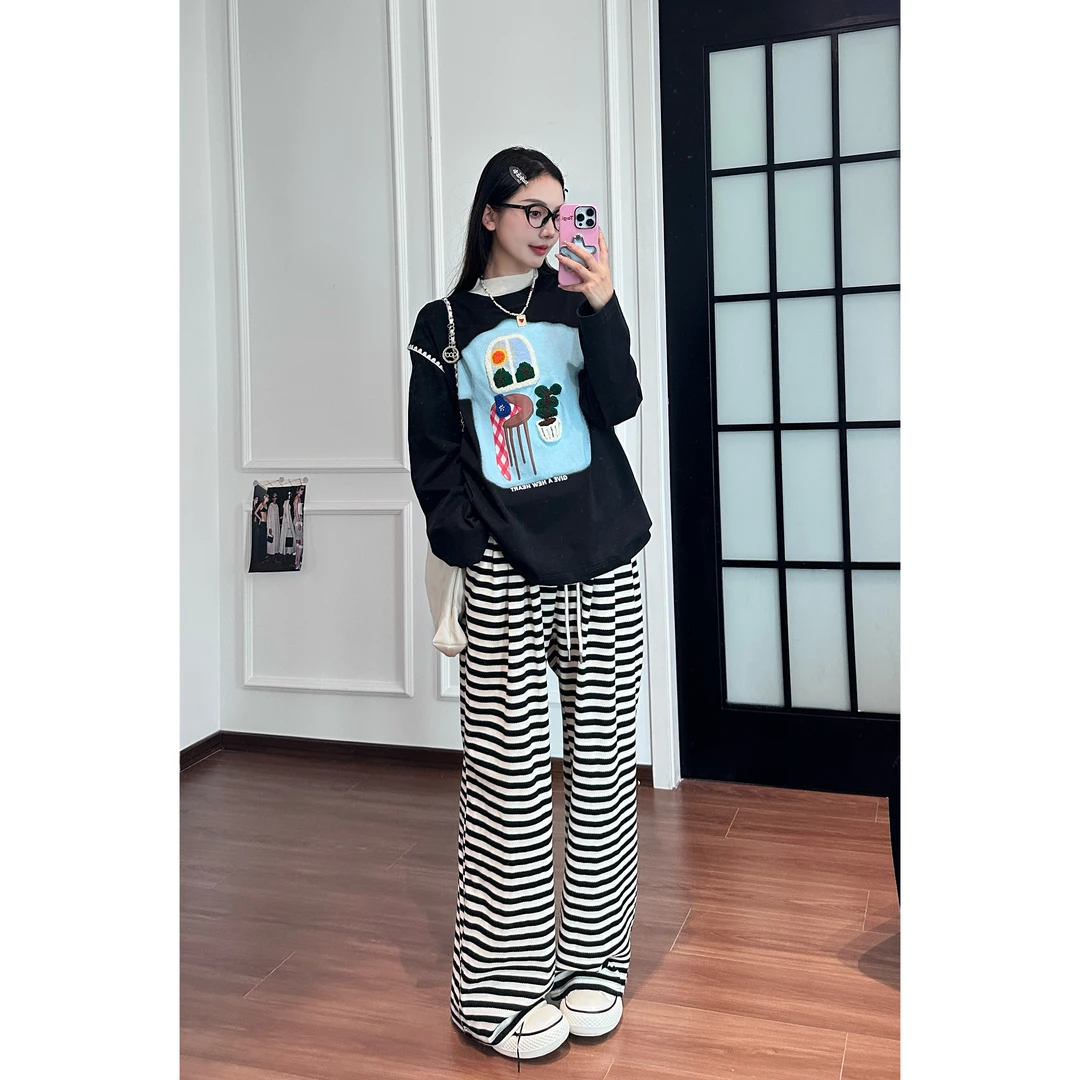 QXQT「直直条纹」荞荞ins软糯贴布黑白条纹系带休闲直筒裤QT2730