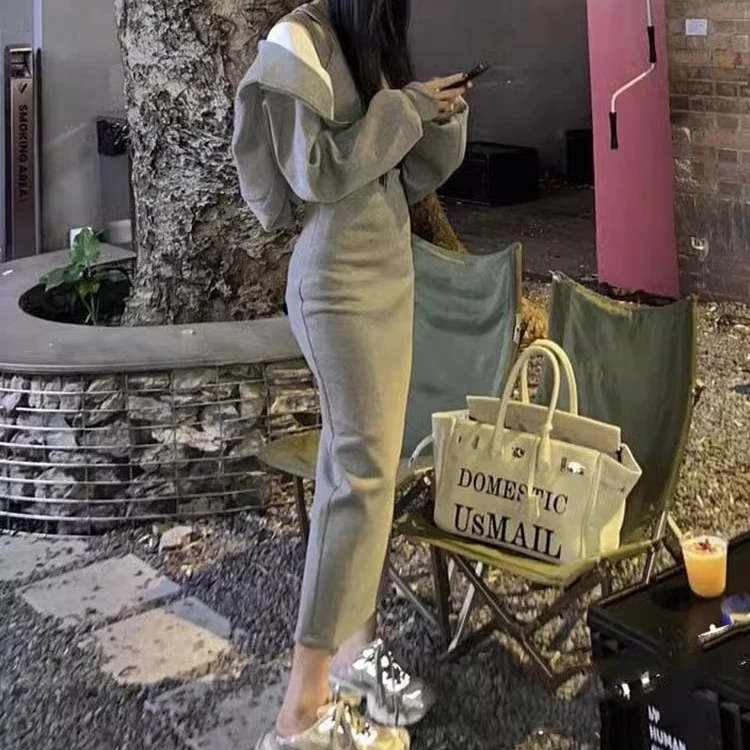 秋冬短款洋气连帽卫衣外套休闲百搭灰色长款吊带连衣裙两件套装女