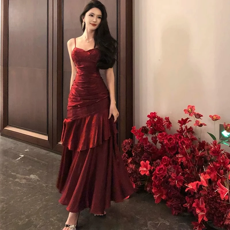 法式人鱼姬荷叶边高端吊带连衣裙成人礼宴会长裙圣诞生日礼服长裙
