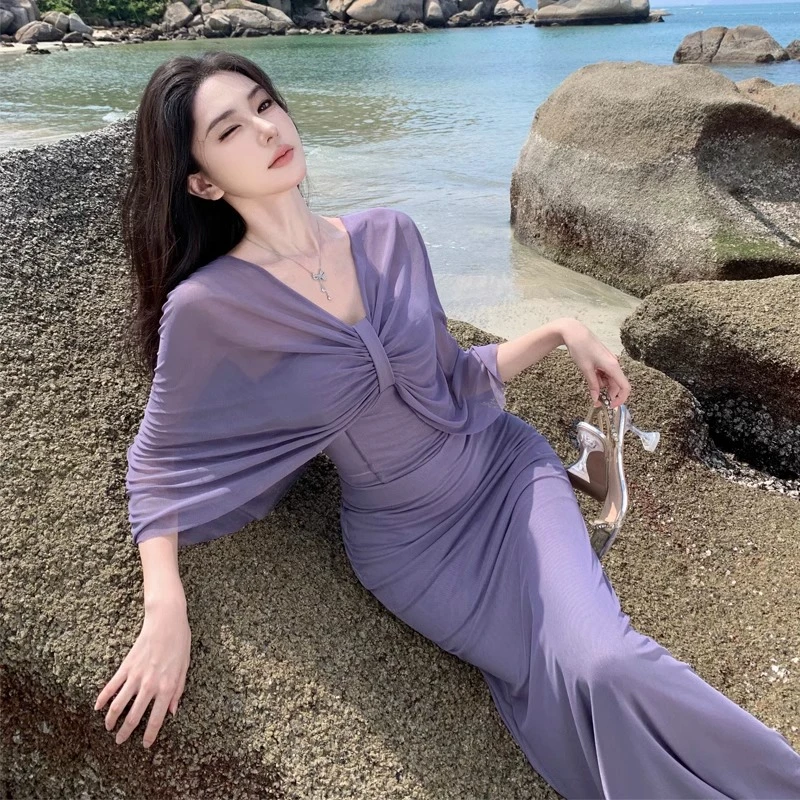 法式海边度假感纯欲风一字肩紫色夏季抹胸连衣裙性感修身包臀裙女