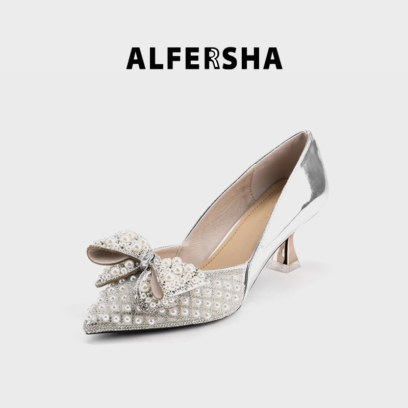阿芙莎/ALFERSHA手工鞋97718夏季时尚珍珠名媛风蝴蝶结高跟单鞋
