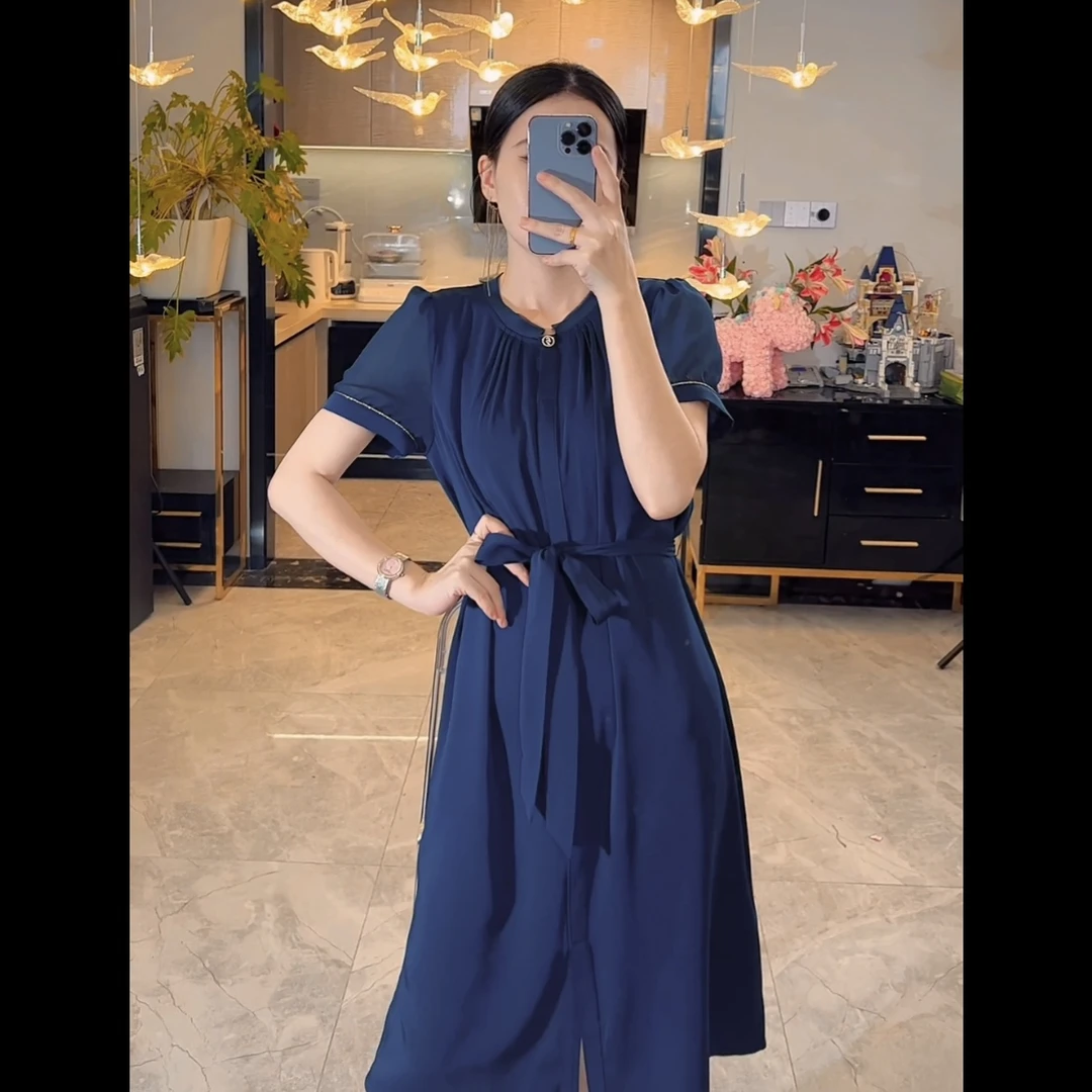 021【猪猪--孤品断码】气质时尚高腰女装连衣裙夏季收腰蓝色女士