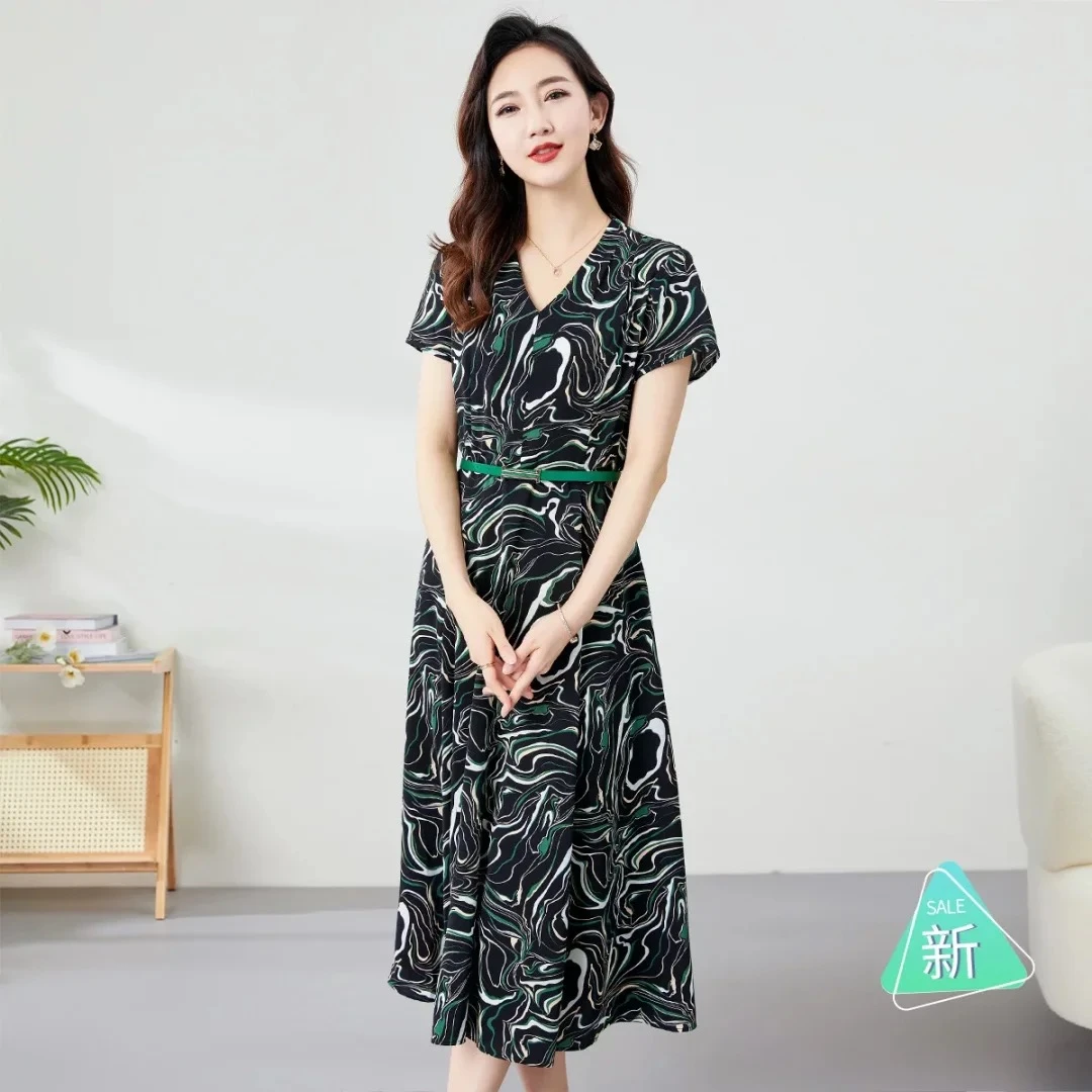 052气质复古印花女装连衣裙收腰修身优雅大气温柔