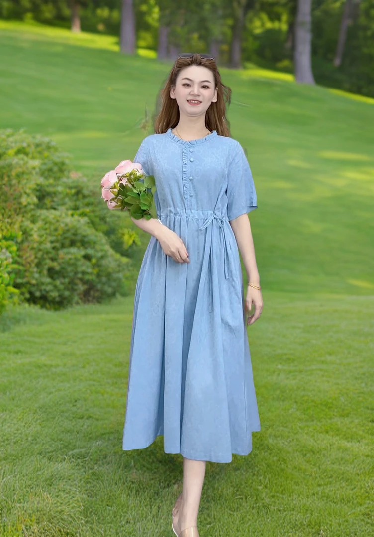 九儿新款夏季上新木耳花边包扣休闲时尚气质收腰百搭连衣裙9115