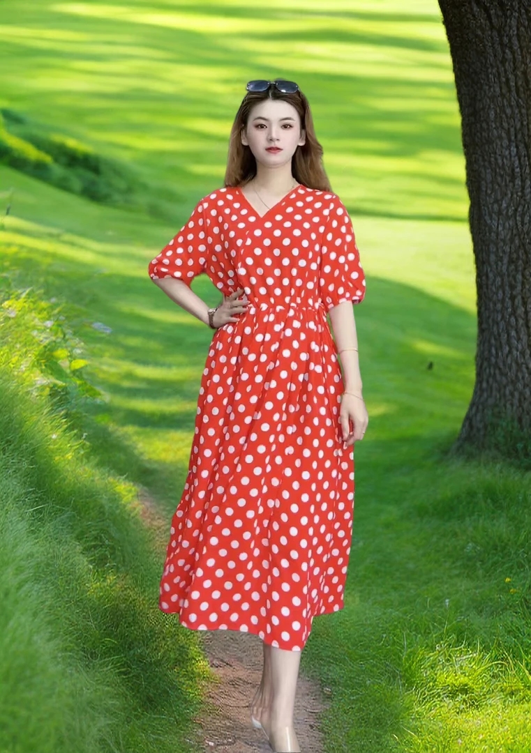 九儿新款波点夏季上新时尚大气显高显瘦连衣裙9063红色