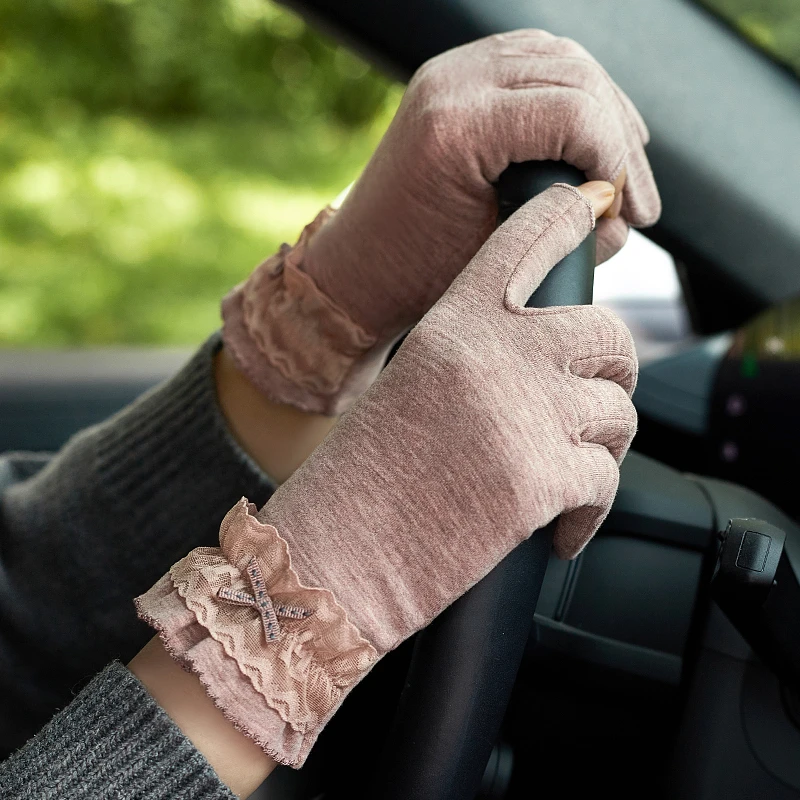 蕾丝露二指手套女春秋季单层开车骑行防风弹力韩版冬天骑车可触屏