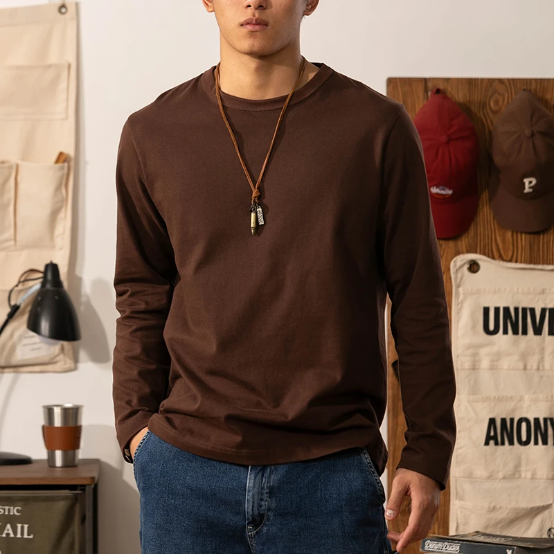 鹿畔300g重磅全棉长袖t恤男棕色圆领美式复古纯棉内搭夹克打底衫