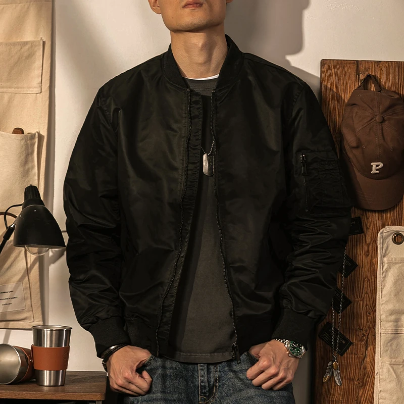 美式复古薄款MA-1飞行员夹克春秋休闲工装外套黑色潮牌棒球服男款