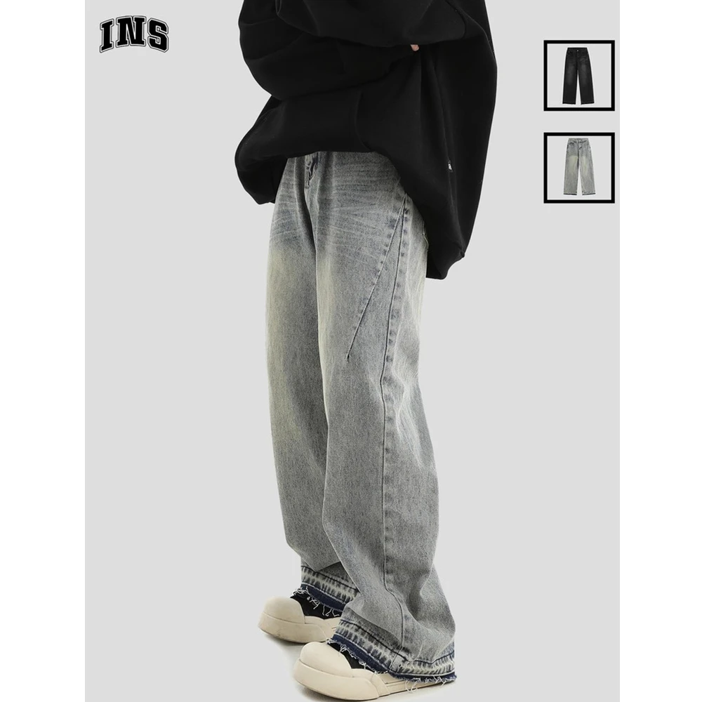 INSstudios国潮情侣美式做旧毛边洗水牛仔裤宽松直筒休闲长裤子
