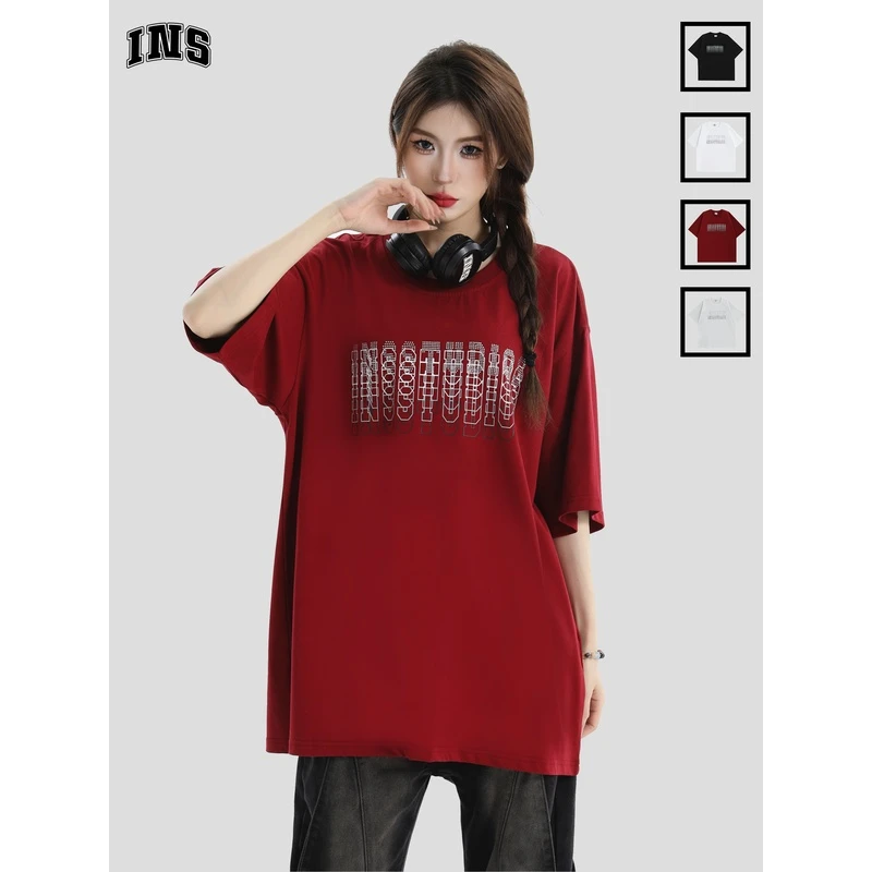 INSstudios国潮牌情侣美式叠印LOGO烫钻短袖宽松半袖纯棉上衣T恤
