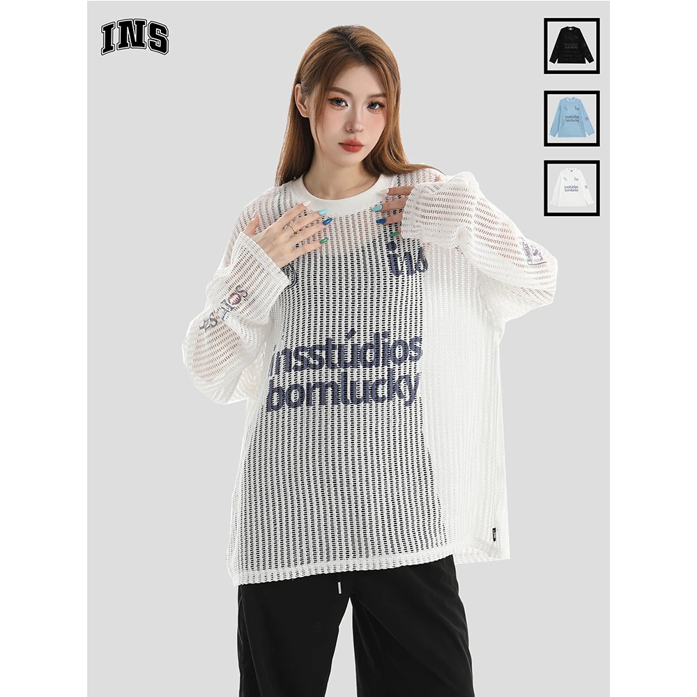 INSstudios国潮牌情侣美式针织镂空字母印花罩衫宽松夏季长袖T恤