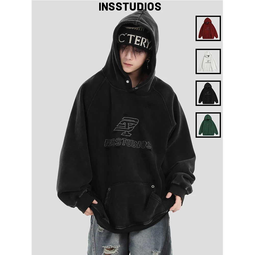 INSstudios国潮牌情侣美式破碎针绣LOGO连帽卫衣加绒破洞上衣