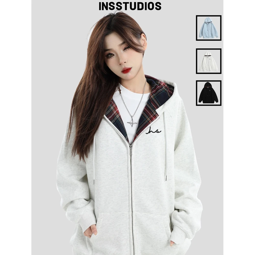 INSstudios国潮牌情侣美式拼接格子假两件卫衣宽松加绒开衫外套