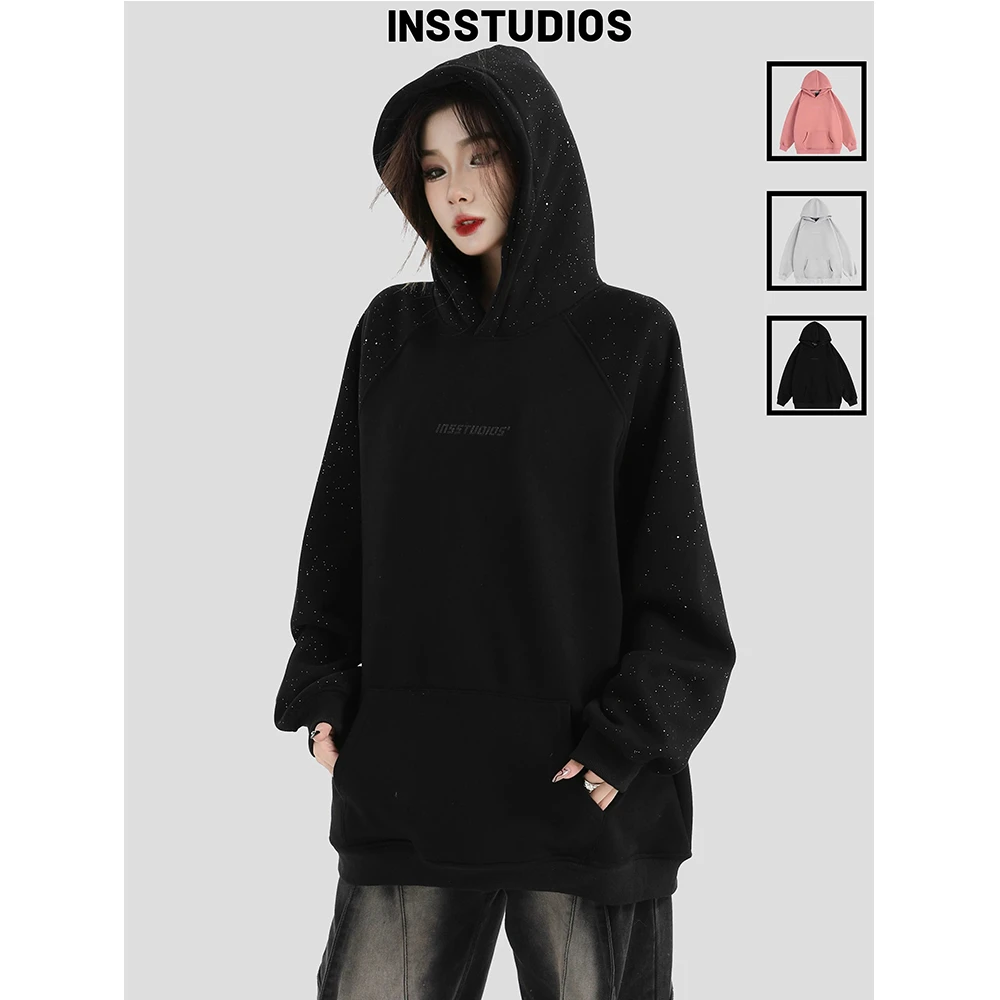 INSstudios国潮牌情侣美式满天星插肩袖卫衣宽松套头加绒连帽衫