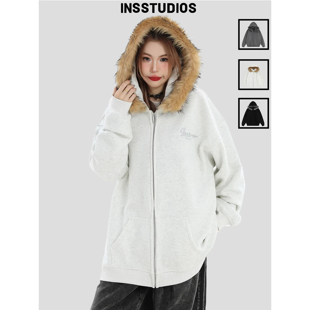 INSstudios国潮情侣美式座山雕加绒连帽卫衣宽松毛毛领开衫外套
