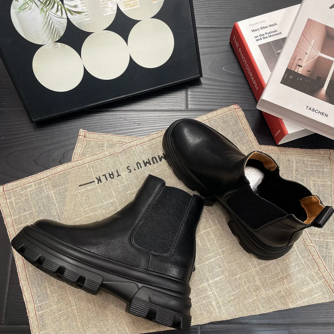 Yu8cm真皮内增高切尔西烟筒靴女显瘦小个子厚底马丁靴小码