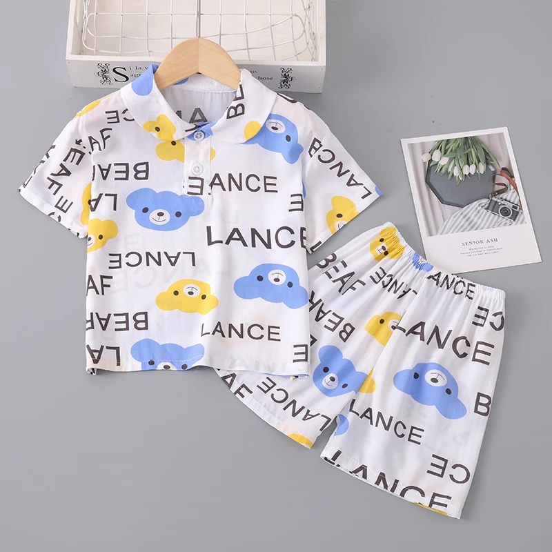 夏季男童女童轻薄透气棉绸短袖空调服睡衣套装夏天舒适儿童家居服
