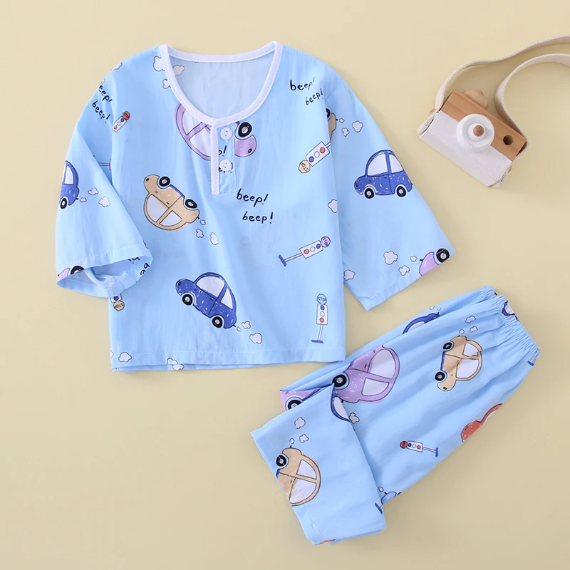 夏季新款萌趣卡通儿童棉绸长袖睡衣男童女童都爱的绵绸空调服套装