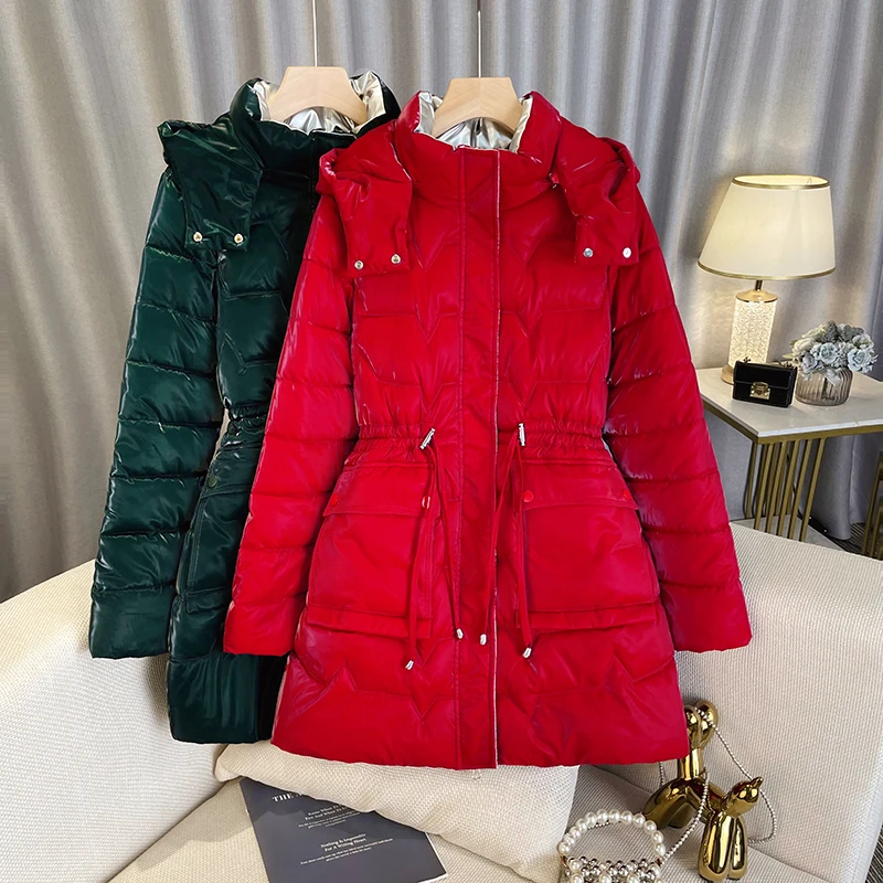 亮面棉服女中长款韩版宽松收腰加厚免棉衣小个子冬季棉袄外套保暖