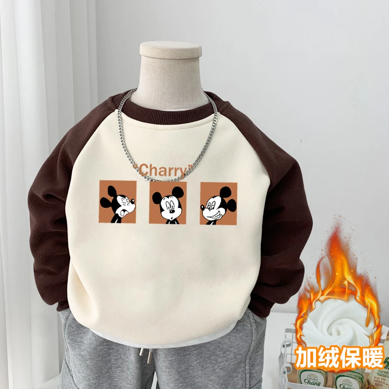 儿童加绒卫衣童装秋冬一体绒卡通米奇宝宝衣服男女童拼色保暖上衣